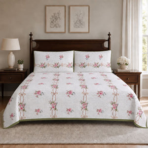 Seraphina Pink Floral Ribbon King-Size Cotton Bed Cover with Pillow Cases