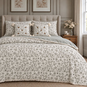 Viola Ivory & Sage-Grey Botanical Floral 6-Piece King Size Comforter Bedding Set - Home Artisan