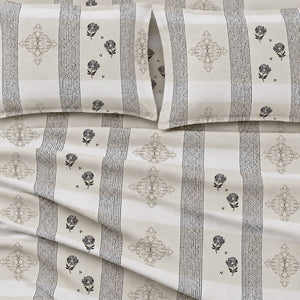 Nerine Beige Floral Stripe 250TC Cotton Percale Super King Bed Sheet - Home Artisan