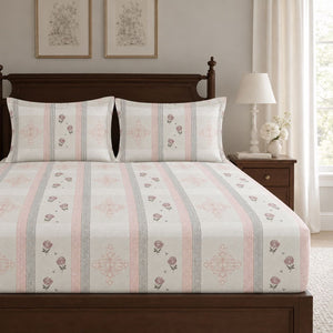 Nerine Blush Floral Stripe 250TC Cotton Percale Super King Bed Sheet - Home Artisan