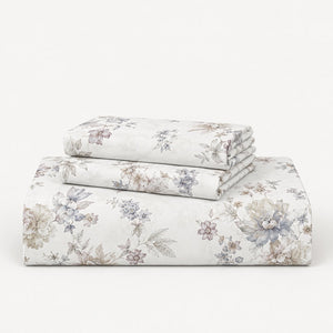 Freesia Blue & Taupe Bouquet 300TC Pure Cotton Sateen Bed Sheet - Home Artisan