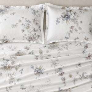 Freesia Blue & Taupe Bouquet 300TC Pure Cotton Sateen Bed Sheet - Home Artisan
