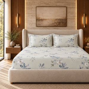 Iris Blue Leaf & Blush Floral 300TC Pure Cotton Sateen Bed Sheet - Home Artisan