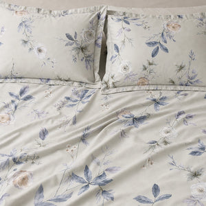 Iris Blue Leaf & Blush Floral 300TC Pure Cotton Sateen Bed Sheet - Home Artisan