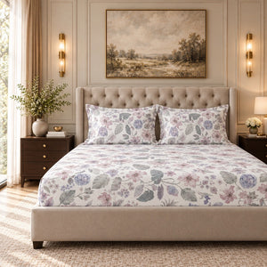 Zinnia Mauve Botanical Floral 300TC Pure Cotton Sateen Bed Sheet - Home Artisan