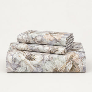 Anemone Mist Grey Oversized Floral 300TC Pure Cotton Sateen Bed Sheet - Home Artisan