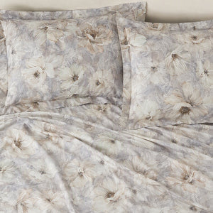 Anemone Mist Grey Oversized Floral 300TC Pure Cotton Sateen Bed Sheet - Home Artisan