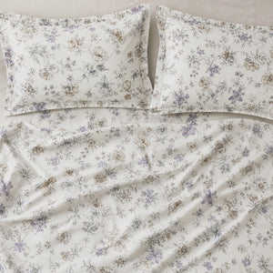 Delphine Lilac & Taupe Floral 300TC Pure Cotton Sateen Bed Sheet - Home Artisan