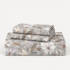 Amaryllis Grey Botanical Bloom 300TC Pure Cotton Sateen Bed Sheet - Home Artisan