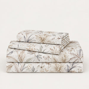 Cosmos Neutral Meadow Botanical 300TC Pure Cotton Sateen Bed Sheet - Home Artisan