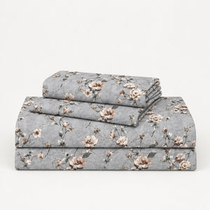 Rosette Slate Grey Rosebud 300TC Pure Cotton Sateen Bed Sheet - Home Artisan