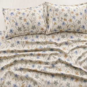 Calendula Blue & Ochre Wildflower 300TC Pure Cotton Sateen Bed Sheet - Home Artisan