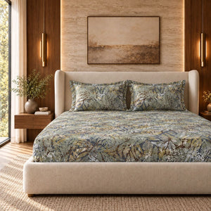 Acacia Slate Blue & Olive Botanical 300TC Pure Cotton Sateen Bed Sheet - Home Artisan