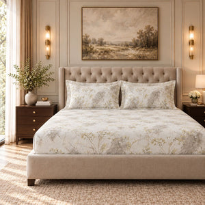 Yarrow Ivory Meadow Botanical 300TC Pure Cotton Sateen Bed Sheet - Home Artisan