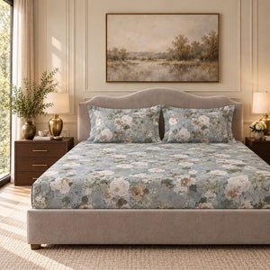 Lisianthus Slate Blue Vintage Bouquet 300TC Pure Cotton Sateen Bed Sheet - Home Artisan