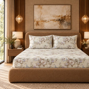 Wisteria Ivory & Lilac Bouquet 300TC Pure Cotton Sateen Bed Sheet - Home Artisan