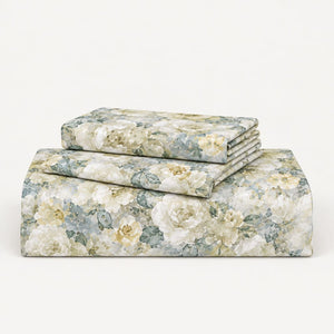 Hydrangea Sage & Blue Watercolour Floral 300TC Pure Cotton Sateen Bed Sheet - Home Artisan