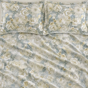 Hydrangea Sage & Blue Watercolour Floral 300TC Pure Cotton Sateen Bed Sheet - Home Artisan