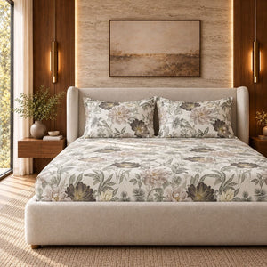 Protea Taupe & Charcoal Garden Floral 300TC Pure Cotton Sateen Bed Sheet - Home Artisan