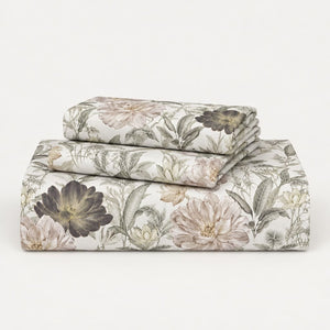 Protea Taupe & Charcoal Garden Floral 300TC Pure Cotton Sateen Bed Sheet - Home Artisan