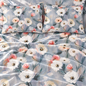 Poppy Blue-Grey Watercolour Floral Tencel Jacquard Bed Sheet - Home Artisan