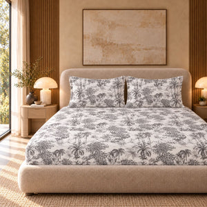 Oleander Charcoal Tropical Toile Tencel Jacquard Bed Sheet - Home Artisan