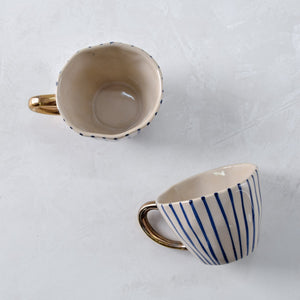 Ella Blue Vertical Striped Ceramic Cup with Golden Handle