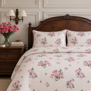 Celeste Petite Rose Stripe King-Size Cotton Bed Cover with Pillow Cases