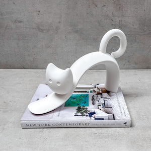 Stretching Cat White Ceramic Sculpture - Home Artisan