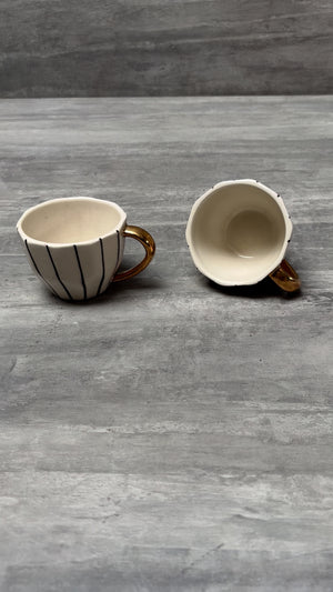 Iris Black Vertical Striped Ceramic Cup with Golden Handle