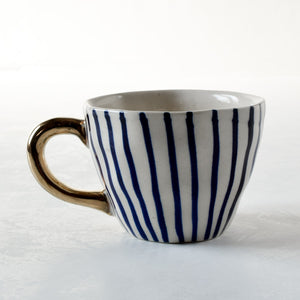 Ella Blue Vertical Striped Ceramic Cup with Golden Handle