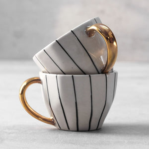 Iris Black Vertical Striped Ceramic Cup with Golden Handle