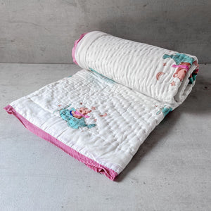 Fuzzy Bear On A Plane Hand Block Print Cotton Quilt Set