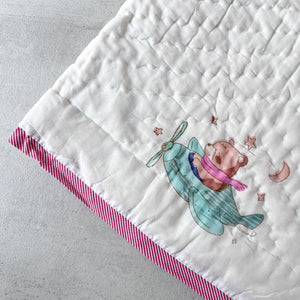 Fuzzy Bear On A Plane Hand Block Print Cotton Quilt Set