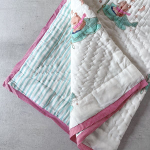 Fuzzy Bear On A Plane Hand Block Print Cotton Quilt Set