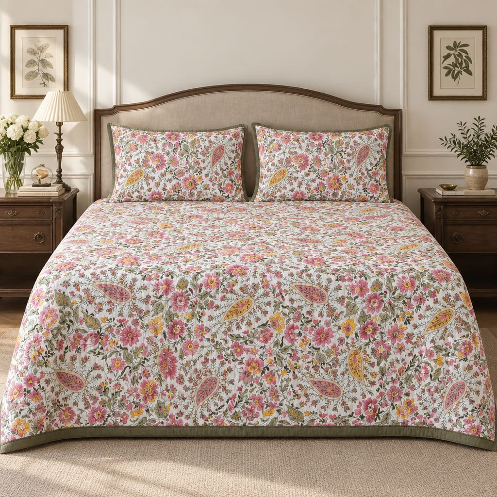 Lillian Vintage Botanical Floral King-Size Cotton Bed Cover with Pillow Cases