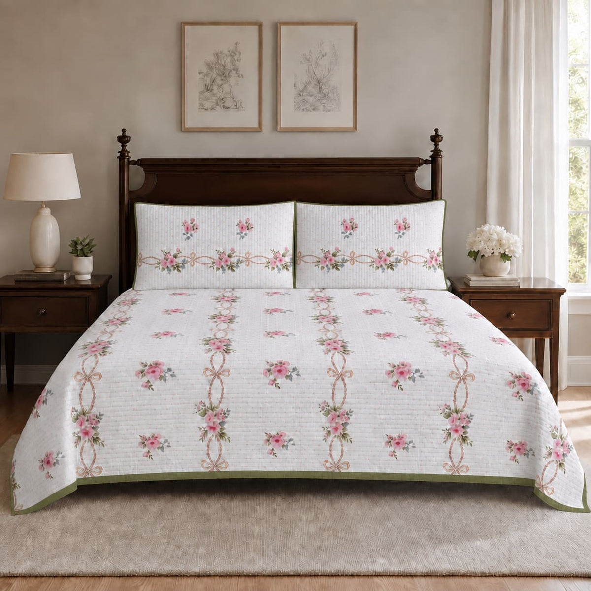 Seraphina Pink Floral Ribbon King-Size Cotton Bed Cover with Pillow Cases