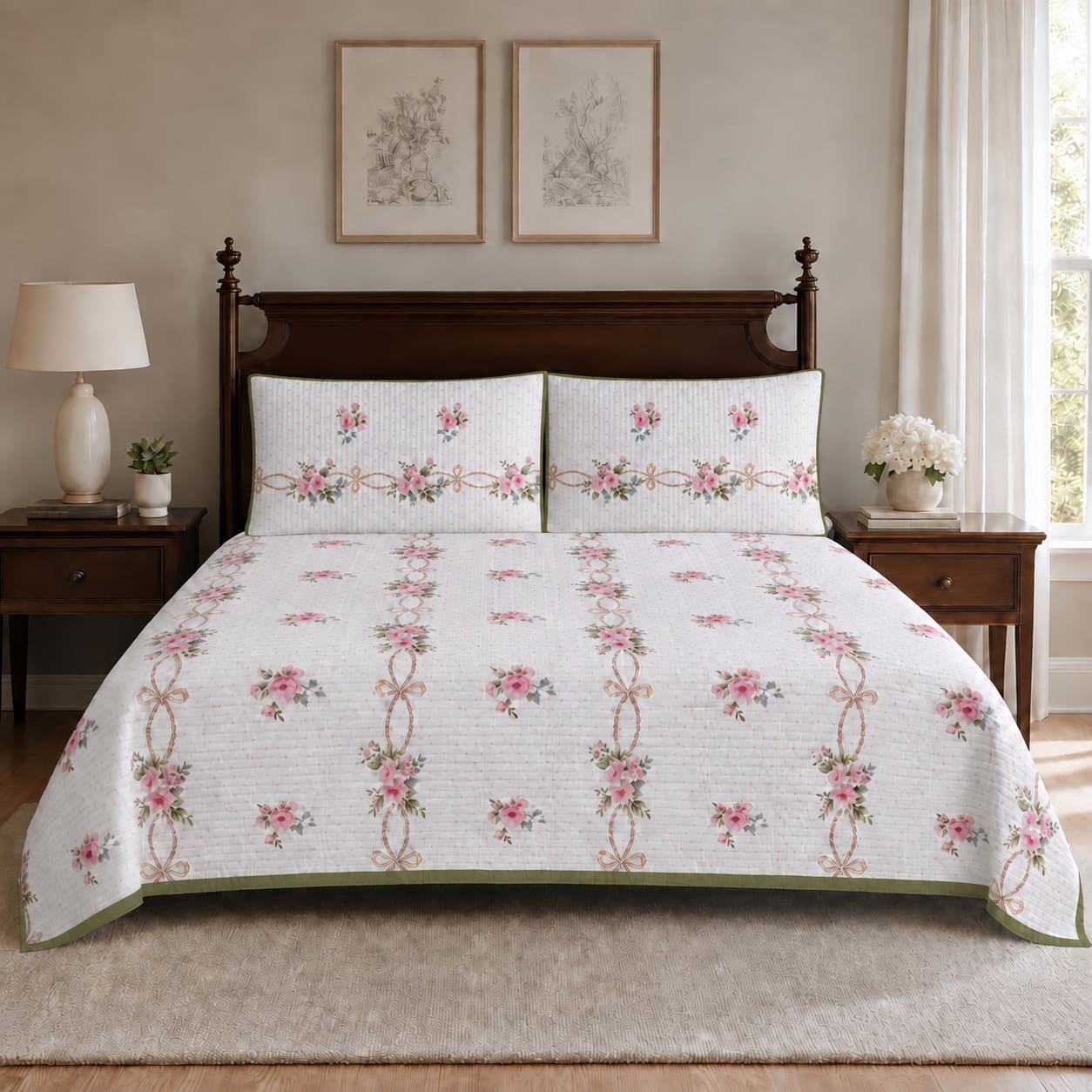 Seraphina Pink Floral Ribbon King-Size Cotton Bed Cover with Pillow Cases