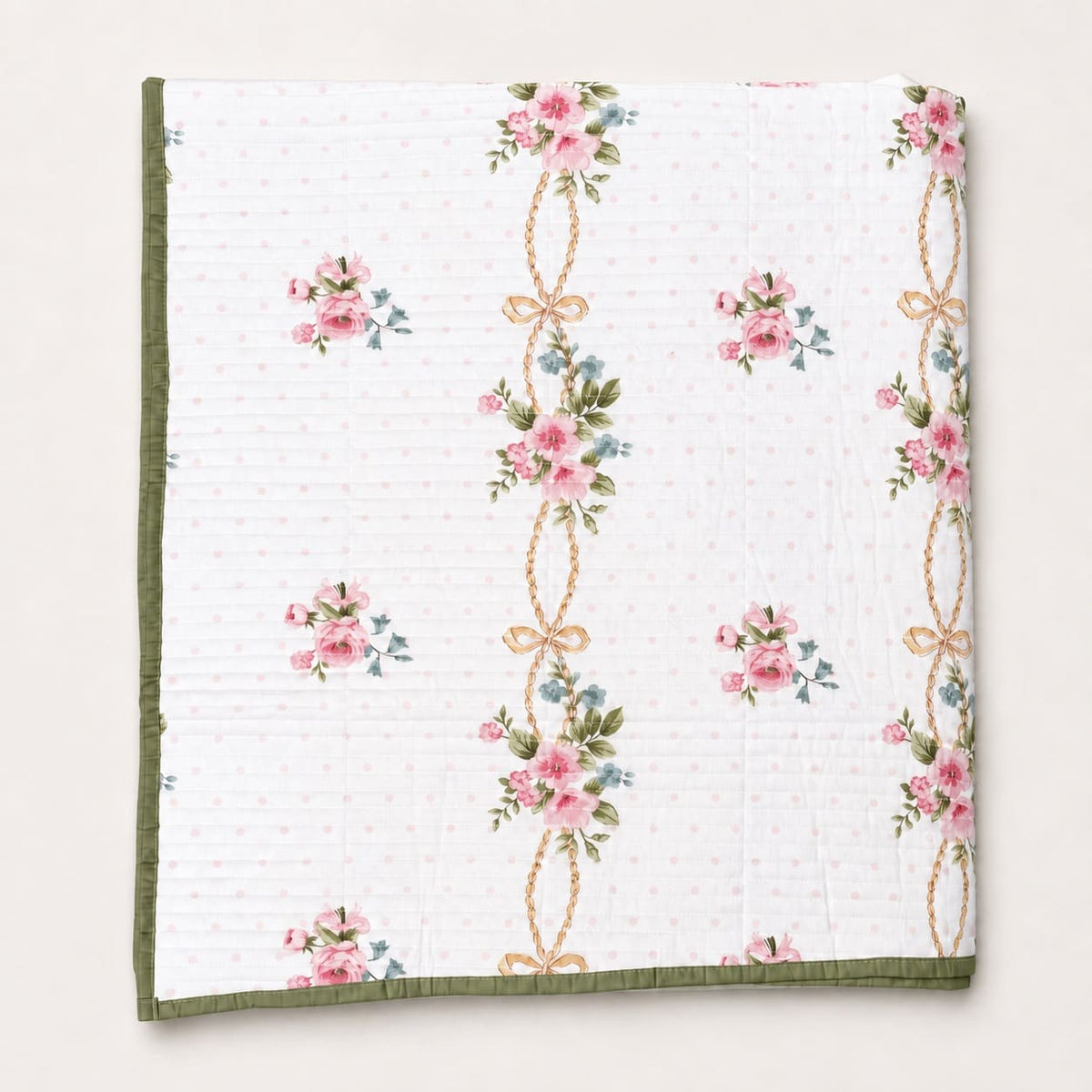 Seraphina Pink Floral Ribbon King-Size Cotton Bed Cover with Pillow Cases