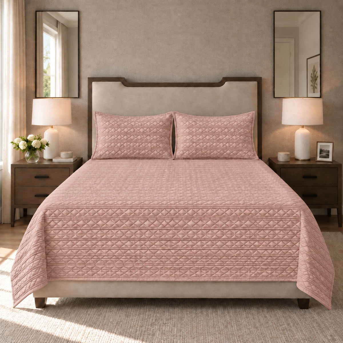 Rosalie Diamond Quilted Cotton Sateen Bed Cover Set with Pillow Cases (Dustry Pink)