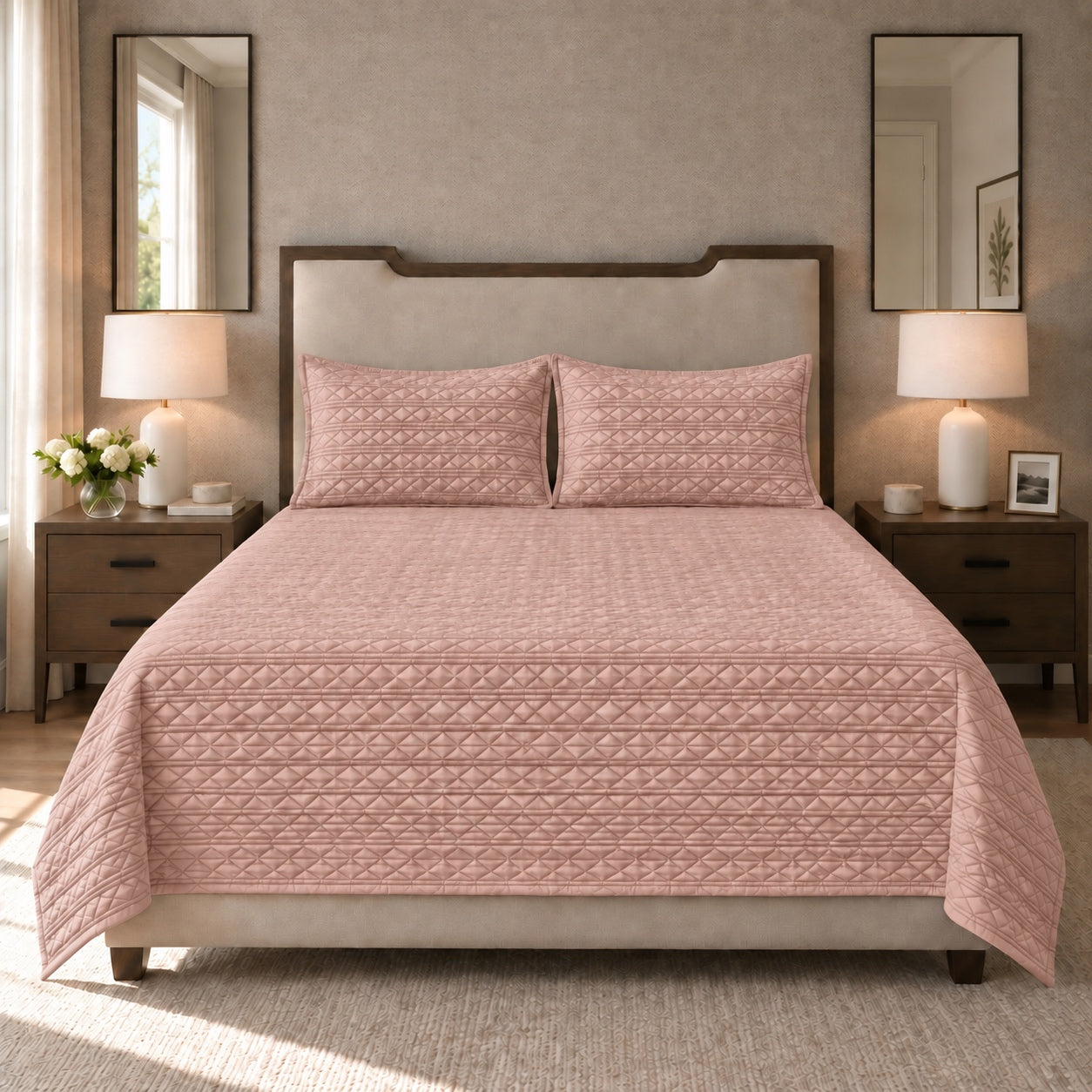 Rosalie Diamond Quilted Cotton Sateen Bed Cover Set with Pillow Cases (Dustry Pink)