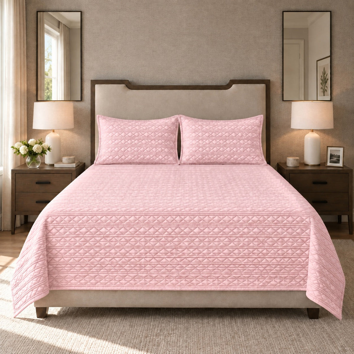 Rosalie Diamond Quilted Cotton Sateen Bed Cover Set with Pillow Cases - Home Artisan