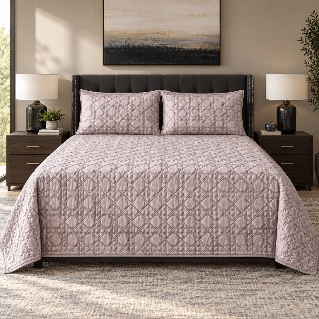 Amara Lattice Quilted Cotton Sateen Bed Cover Set with Pillow Cases - Home Artisan