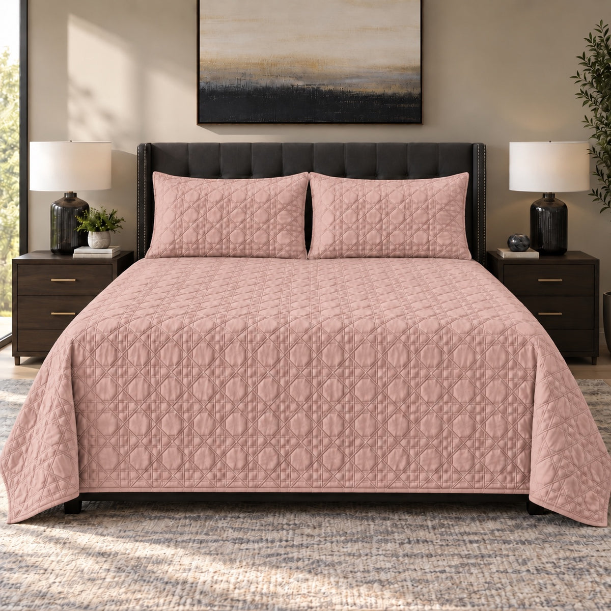 Floria Lattice Quilted Cotton Sateen Bed Cover Set with Pillow Cases (Dusty Pink)