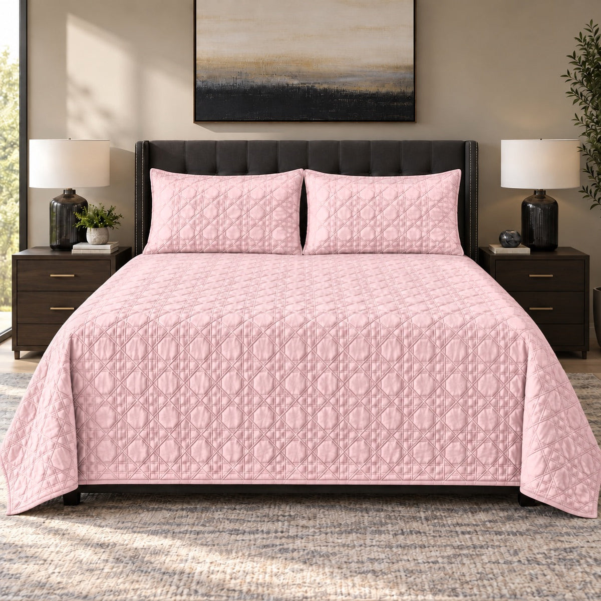 Floria Lattice Quilted Cotton Sateen Bed Cover Set with Pillow Cases - Home Artisan