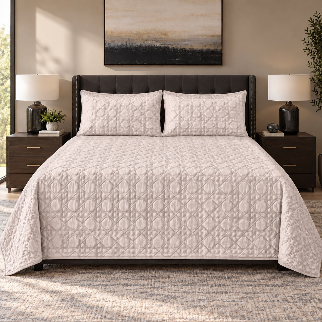 Aurelia Lattice Quilted Cotton Sateen Bed Cover Set with Pillow Cases - Home Artisan