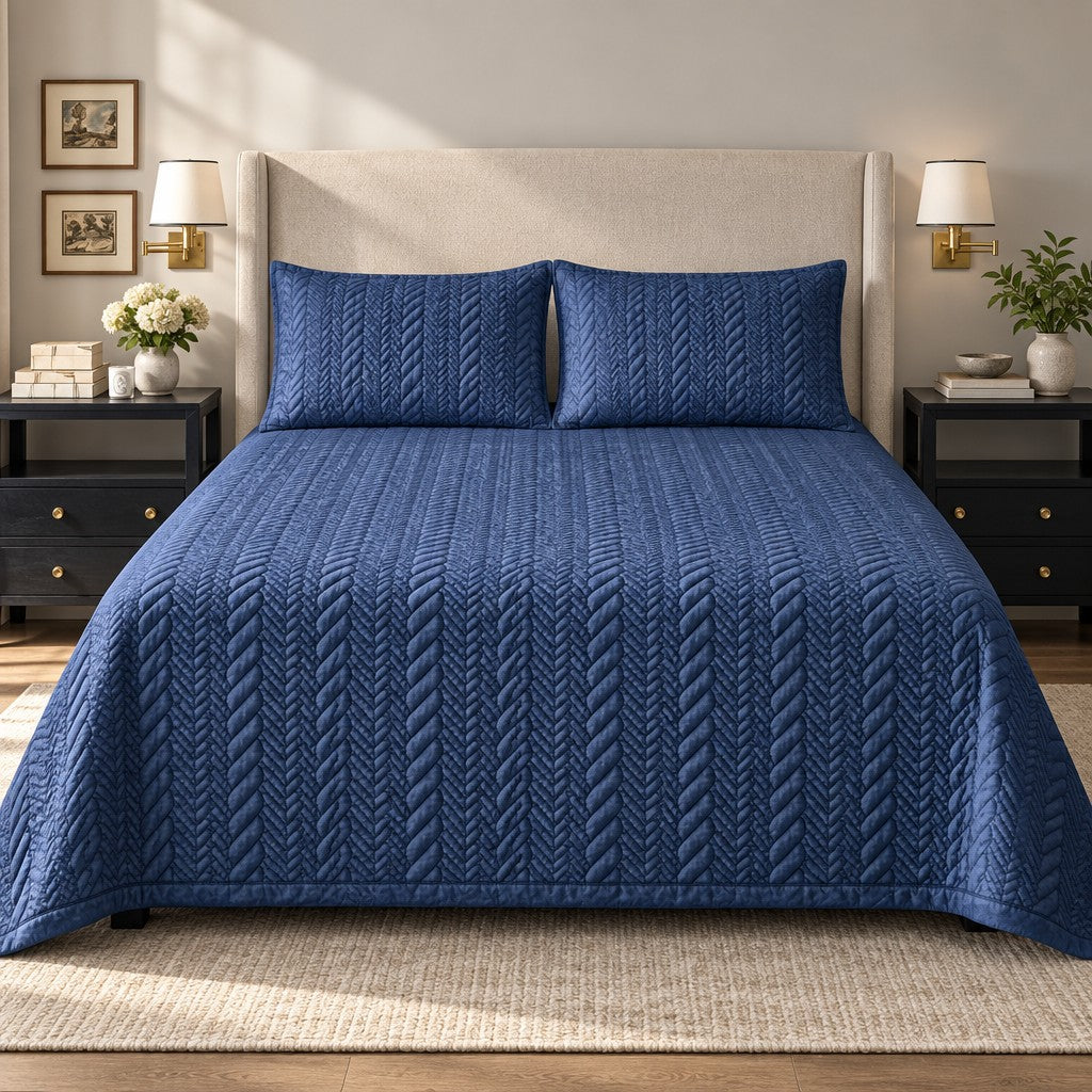 Caspian Braided Pattern Quilted Cotton Sateen Bed Cover Set with Pillow Cases - Home Artisan