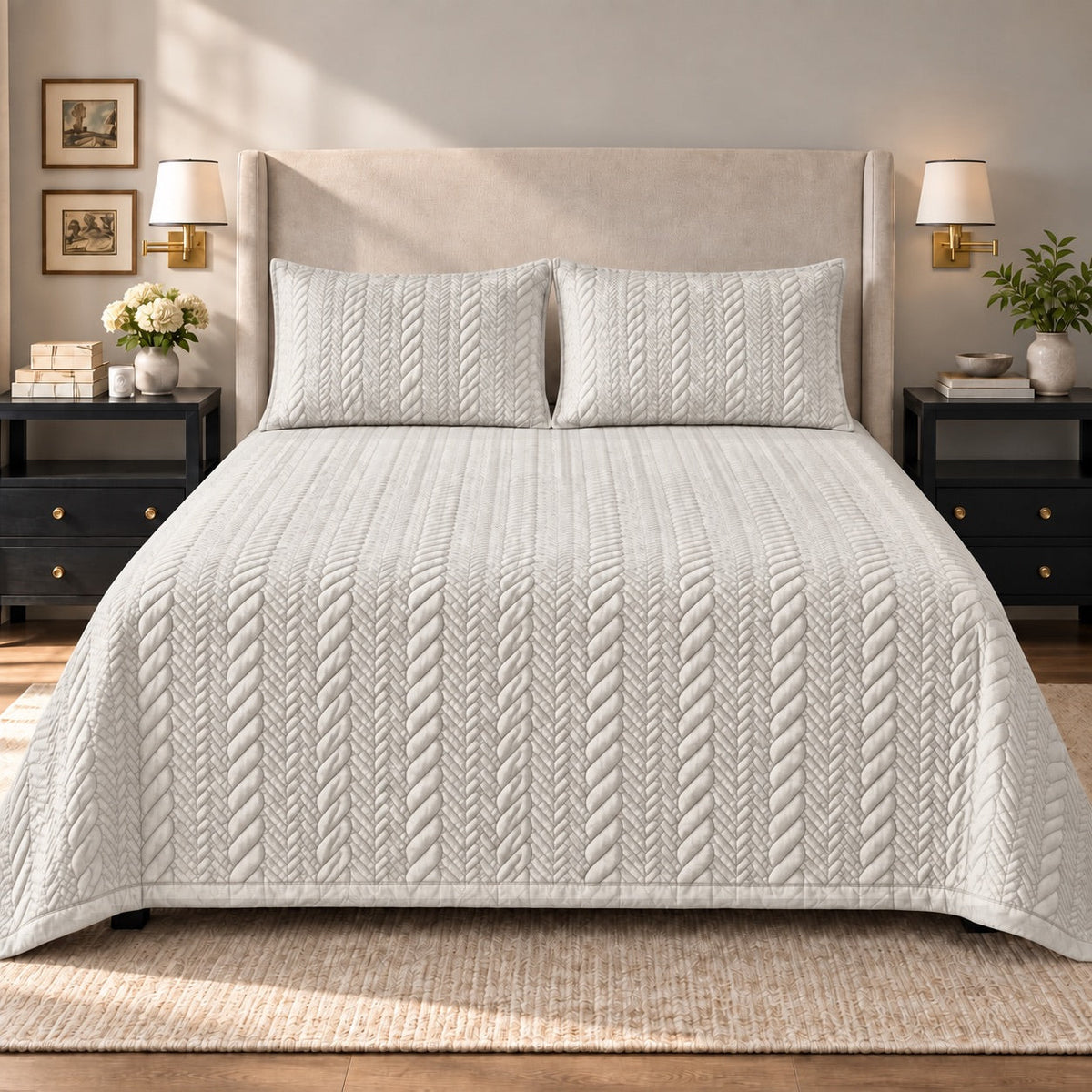 Bianca Braided Pattern Quilted Cotton Sateen Bed Cover Set with Pillow Cases - Home Artisan