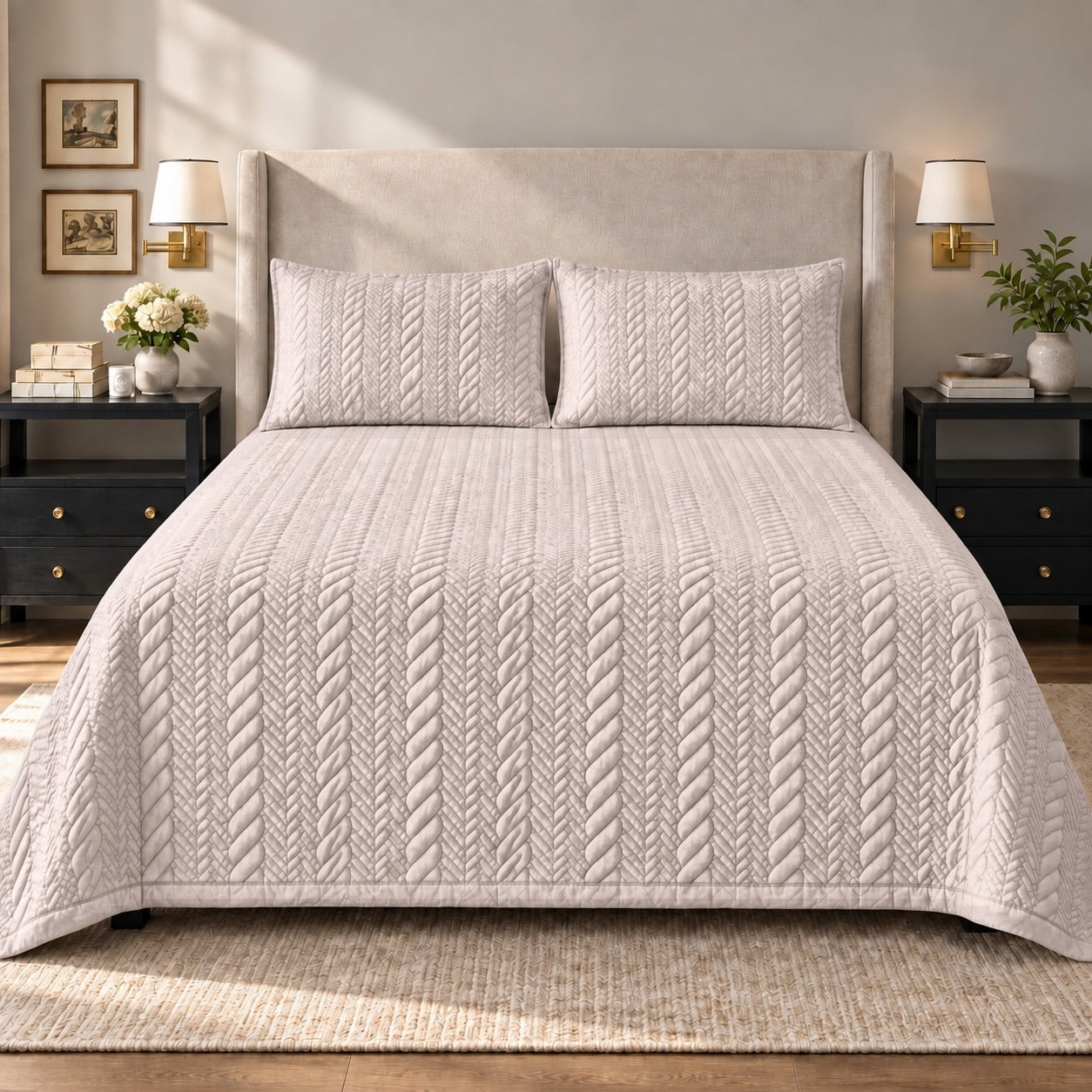 Sienna Braided Pattern Quilted Cotton Sateen Bed Cover Set with Pillow Cases - Home Artisan