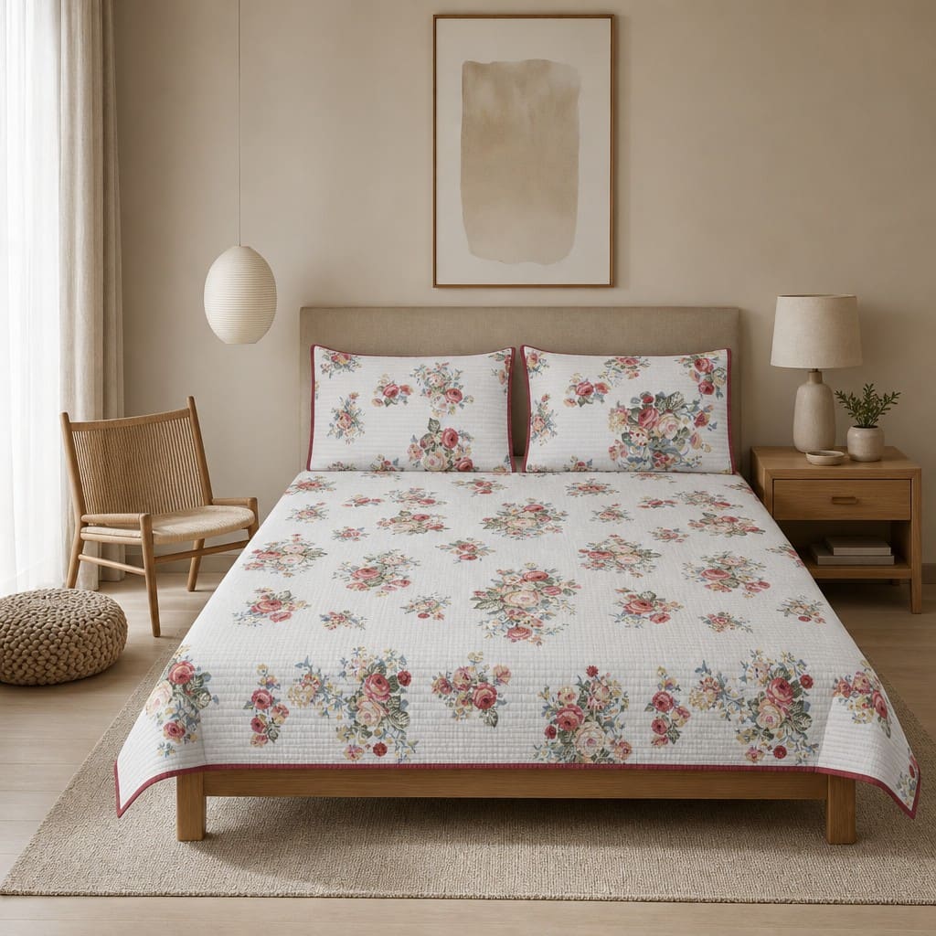 Elowen Pink Rose Floral King-Size Cotton Bed Cover with Pillow Cases - Home Artisan